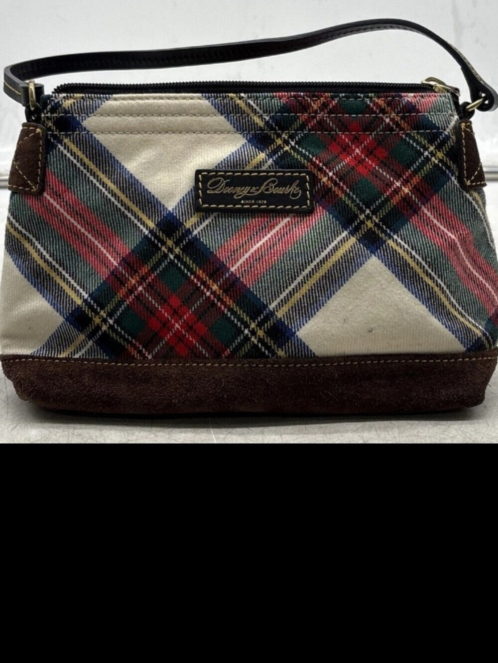 Dooney & Bourke Red Green Plaid Wristlet with Brown Trim